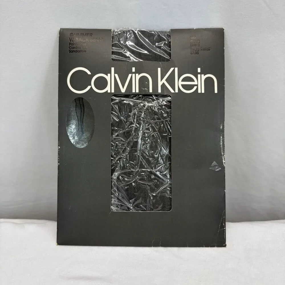 Calvin Klein Black Glimmer Back Seam Pantyhose Sz B  Style 102 80s Control Top